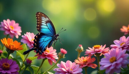 Fototapeta premium Soaring butterfly amidst colorful flowers, nature, pink, flowers