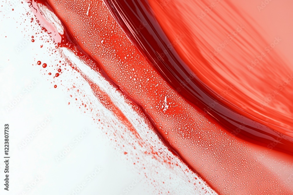 Poster red paint, blood, or other viscous substance flows across a white surface, creating a dynamic abstra