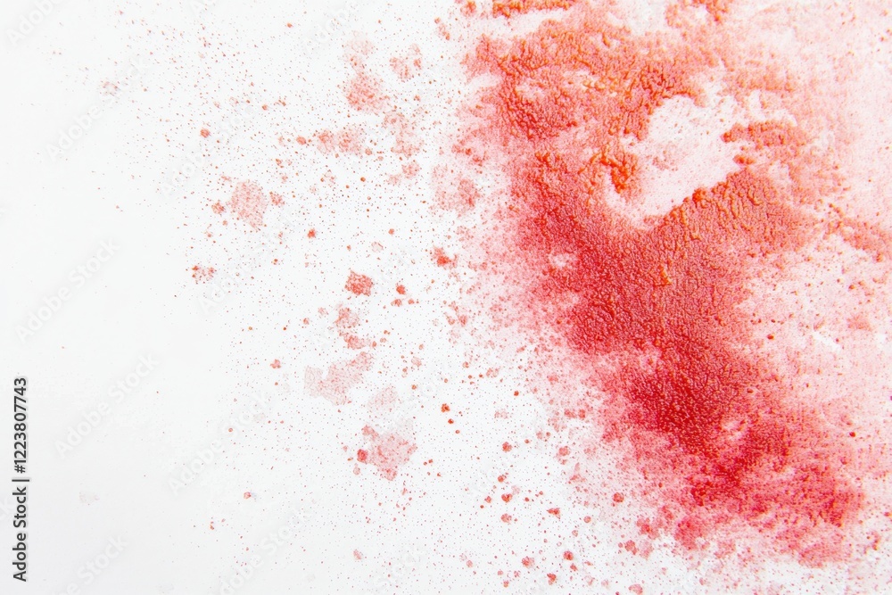 Poster red powder exploding on a white background creating a colorful cloud with small particles scattered 
