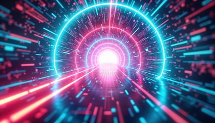 Fototapeta premium Abstract tech tunnel with neon blue, pink lights. Digital glitch effect, interlaced lines create futuristic rave gaming environment. Interlacing circles of light highlight pathway. Cyberpunk