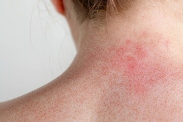 Red rash on female sensitive skin after sunbathing, suffering from sunburn, skin problem, allergy symptoms, dermatology and skincare concept