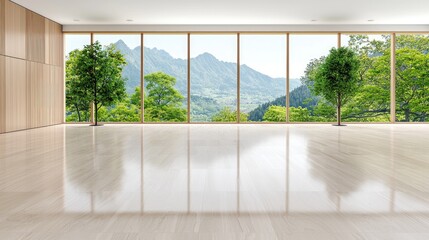 Fototapeta premium Mountain view spacious room, wooden floor, interior design, real estate