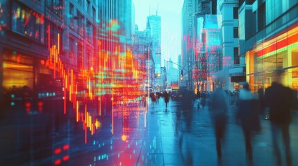 Obraz premium Glowing stock market data and charts superimposed over a busy city street at dusk, creating a futuristic cityscape visualizing financial activity