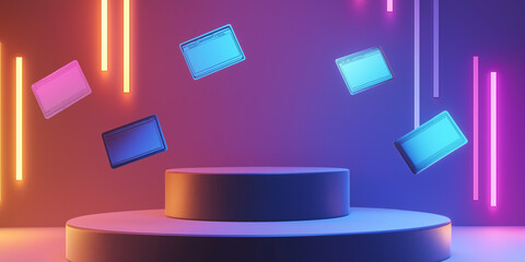 Floating Discount Cards on 3D Podium: Sale Banner, Promotion, Marketing, Offer, Advertising, Deal,  