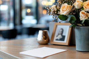 Obraz premium A cozy table scene features stunning flowers and an elegant picture frame, providing an inviting atmosphere that speaks to cherished moments and personal stories in a warm interior.
