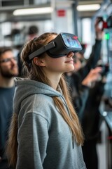 Obraz premium Young Woman Experiencing Virtual Reality Technology Indoors