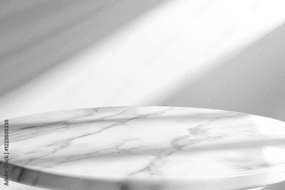 Poster empty round marble podium resting on a clean white background, illuminated by soft window light that