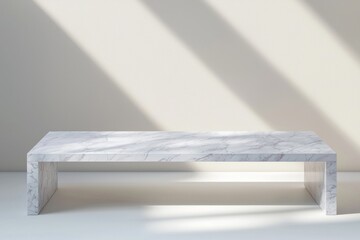 Sunlight casting soft shadows on a white marble table against a beige wall, creating an elegant and modern space perfect for showcasing products in a minimalist setting