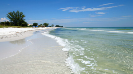 Obraz premium serene beach scene with soft waves lapping at shore, clear blue skies, and lush greenery in background. tranquil atmosphere invites relaxation and enjoyment of nature