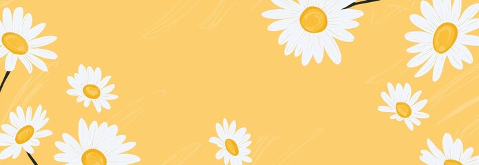 White daisies with yellow centers create a cheerful floral border on a textured yellow background, offering a fresh and vibrant design for spring or summer themes