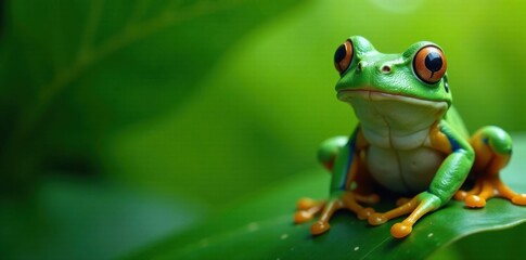 Naklejka premium Frog sitting on a thick green leaf with a big grin, frog, illustration
