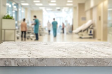Empty marble surface with blurred hospital corridor with doctors and patients in background provides ideal space for displaying medical or healthcare products