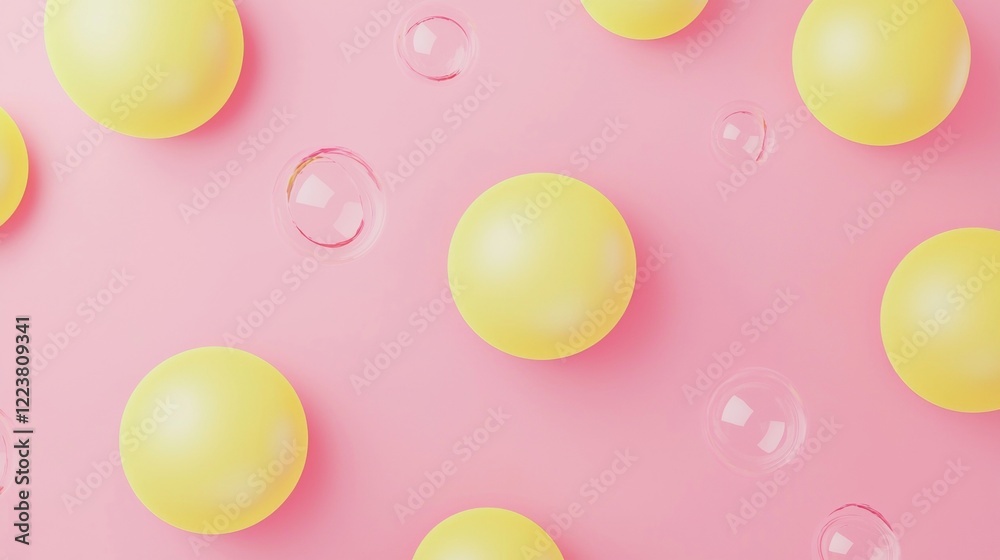 Poster abstract composition featuring multiple yellow spheres and transparent soap bubbles floating against