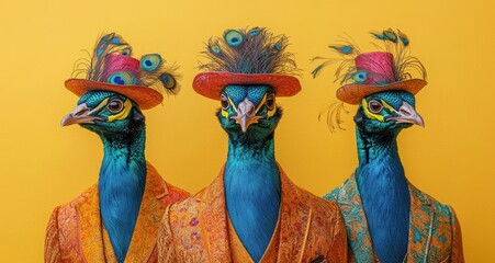 Peacocks in Colorful Funky Outfits Party Invitation Banner Whimsical Creative Fashion Illustration