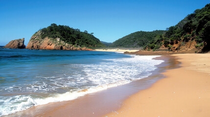 Fototapeta premium serene beach scene featuring golden sand, gentle waves, and lush green hills under clear blue sky. tranquil atmosphere invites relaxation and enjoyment of nature