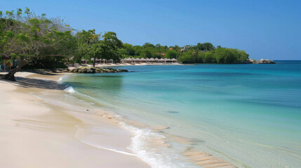 Fototapeta premium serene beach scene with clear turquoise water, soft sand, and lush greenery. tranquil atmosphere invites relaxation and enjoyment of nature beauty