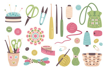 Knitting set. Crochet. Hand drawn Knitting tools, sewing accessories. Yarn and threads, crochet hook, wool ball, buttons, scissors, vintage Knitting bag, basket, hooks, pins. Needlework. Vector