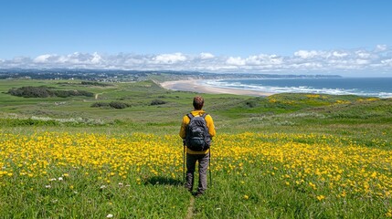 Fototapeta premium Hiker overlooking coastal wildflowers and ocean