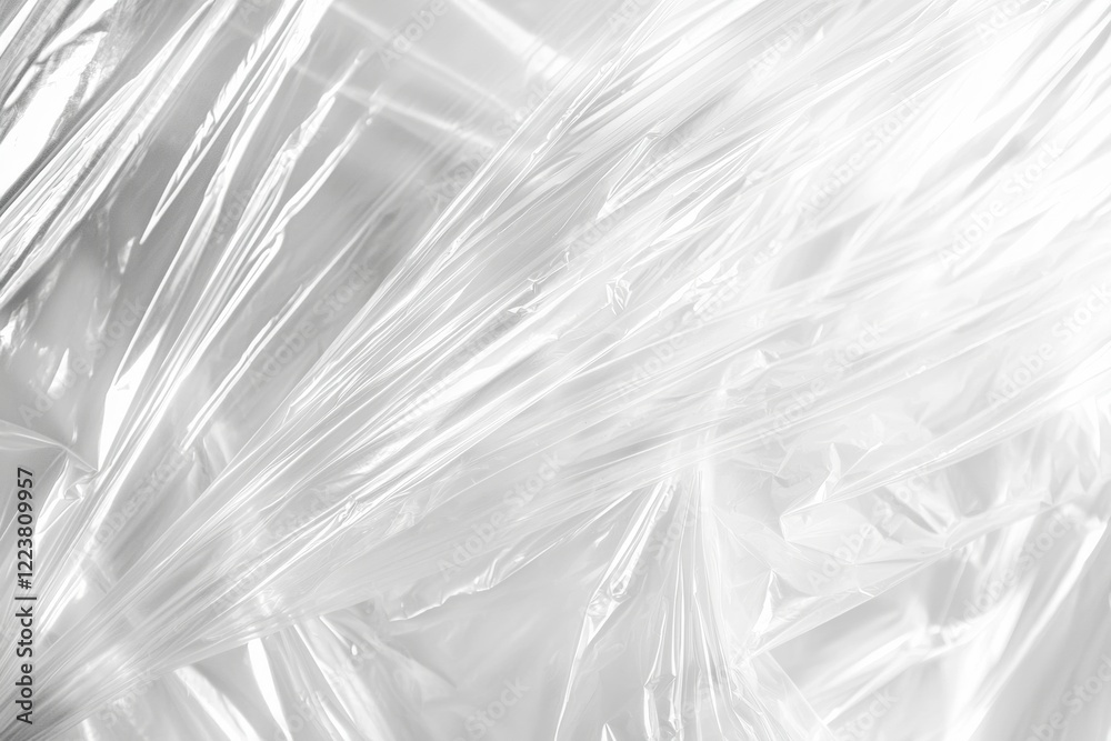 Poster smooth, glistening surface of crumpled plastic wrap forms an abstract pattern of intersecting lines 