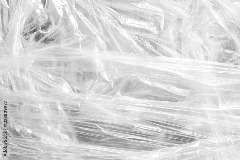 Poster crinkled plastic wrap forms an abstract pattern, creating a textured, translucent surface with folds