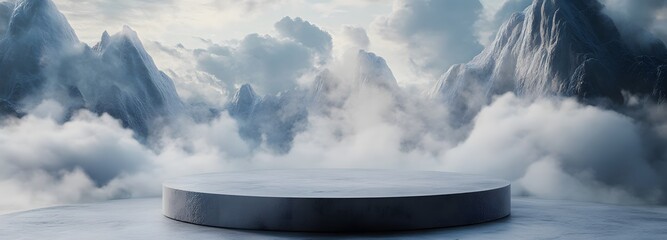 A podium surrounded by misty mountains, with clouds swirling around the peaks and soft sunlight breaking through