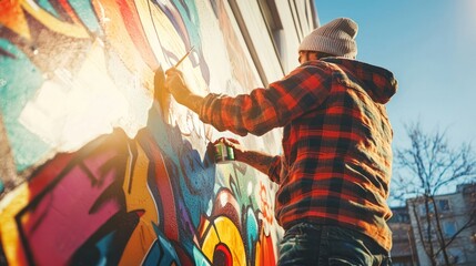 A street artist painting a graffiti mural on a city wall under the bright sunlight