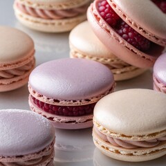 Obraz premium Gourmet Macarons on Reflective Surface – Elegant French Pastry Dessert Stock Image