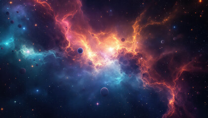 Obraz premium Celestial Nebula Cosmic Landscape With Planets And Stars