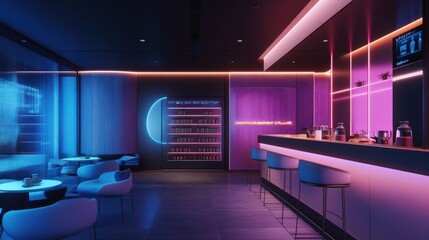 Modern Bar Lounge with Neon Lighting and Seating