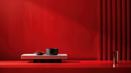 Modern red interior with minimalist decor featuring black bowl and sleek vase. vibrant red walls and textured paneling create striking visual impact