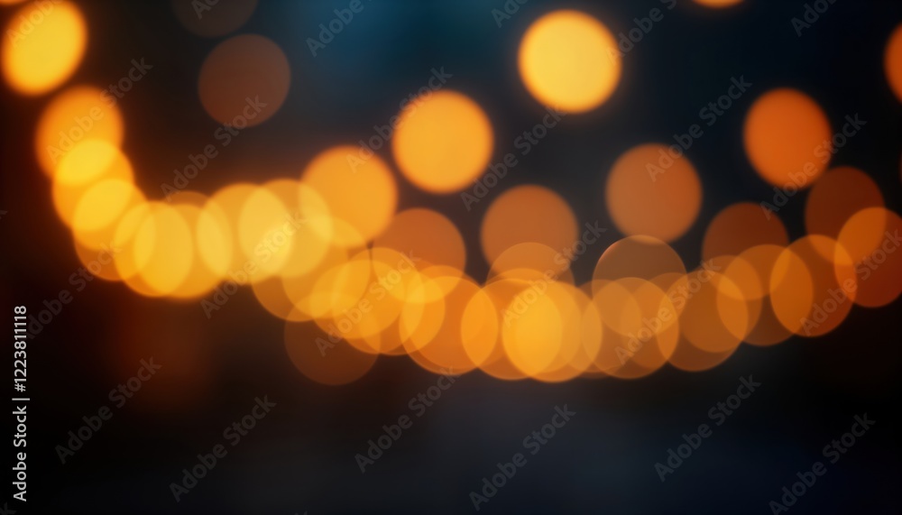 Aufkleber Blurry yellow lights create abstract glow against dark background. Circular lights arranged in horizontal line. Abstract design suitable for backdrop holiday theme. Modern, trendy visuals. Image
