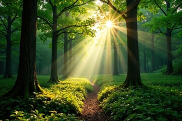 Obraz premium Panorama of a serene forest with sunlight filtering through trees, forest, nature, woods