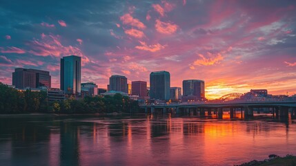 Fototapeta premium A stunning panoramic view of a bustling city skyline at sunset.