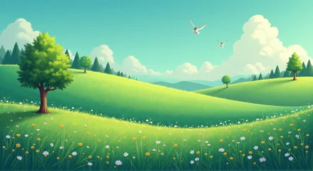 Fototapete landscape with trees, landscape, grass, sky, nature, green, field, summer, meadow, cloud, spring, tree, vector, hill, blue, horizon, illustration, land, flower, rural, sun, scene, environment, season, © Snap Stock Gallery