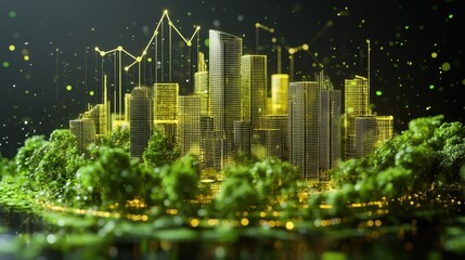 Naklejka premium A threedimensional representation of an urban landscape featuring lush greenery and innovative architecture highlighted by an ascending line graph symbolizing thriving business growth.