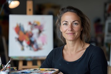 Fototapeta premium A smiling woman in a black shirt poses next to her colorful artwork in a studio, reflecting the joy and satisfaction that comes from creating art.