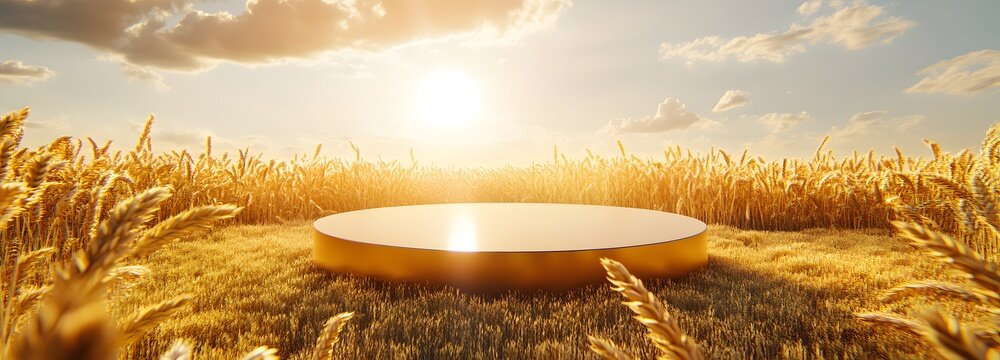 A podium surrounded by a field of tall, golden wheat under a bright summer sun