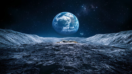 Futuristic lunar mining base extracting resources on the moon surface, with planet earth rising above the horizon. Lunar Horizon. Illustration