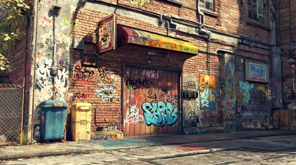 Fototapeta premium A street corner with a graffiti-covered brick wall and urban atmosphere