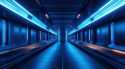 Futuristic Blue Neon Lit Corridor With Moving Walkways