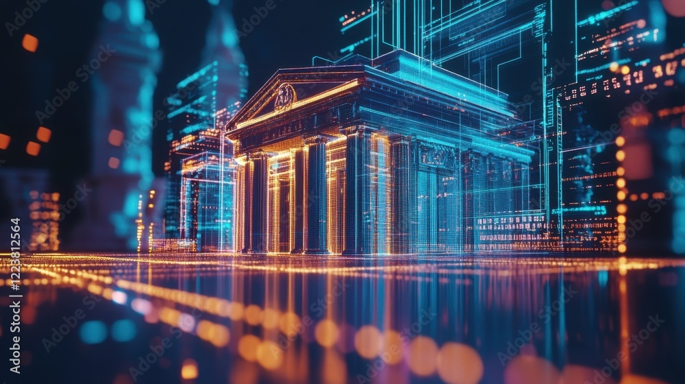 Fototapete Glowing holographic projection of a bank building is emerging from a digital data stream, representing the concept of online banking and financial technology in a futuristic smart city