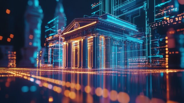 Glowing holographic projection of a bank building is emerging from a digital data stream, representing the concept of online banking and financial technology in a futuristic smart city