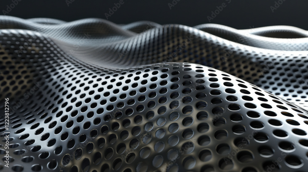 Poster abstract metallic surface with perforated pattern, creating wave like effect. design showcases depth