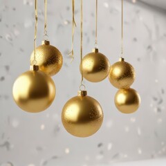 Glittering gold Christmas ornaments suspended in mid-air against a simple white background,  ornamentation, gold,  elegant