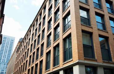 Fototapeta premium Sturdy brick building stands tall in urban cityscape. Modern architecture with regular windows. Building represents commercial real estate. Facades showcase strength, permanence. Potential for