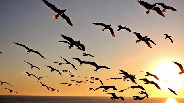 A flock of seagulls flying in the cloudless sky with a bright sun behind. Beautiful birds with long wings and sunrise in the background. High quality 4k footage