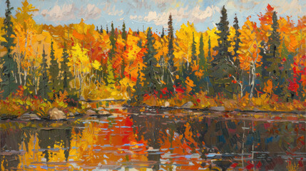 Fototapeta premium Vibrant autumn landscape with colorful trees reflecting in calm water, showcasing beauty of nature in fall. scene evokes sense of tranquility and warmth