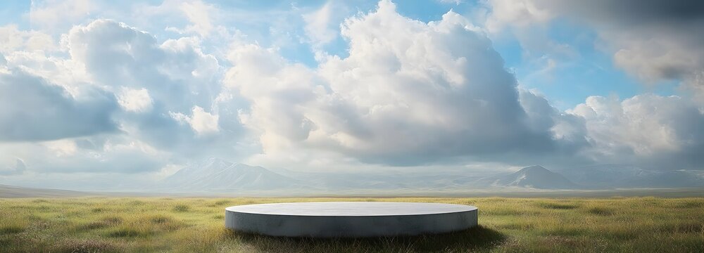 A podium in the middle of an open field, with dramatic clouds rolling across the sky and distant mountains on the horizon