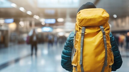 Person with a yellow backpack in an airport setting.
