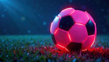 Fototapeta premium Glowing neon soccer ball in close-up view with blurred blue surroundings, sporty object, abstract glowing sphere